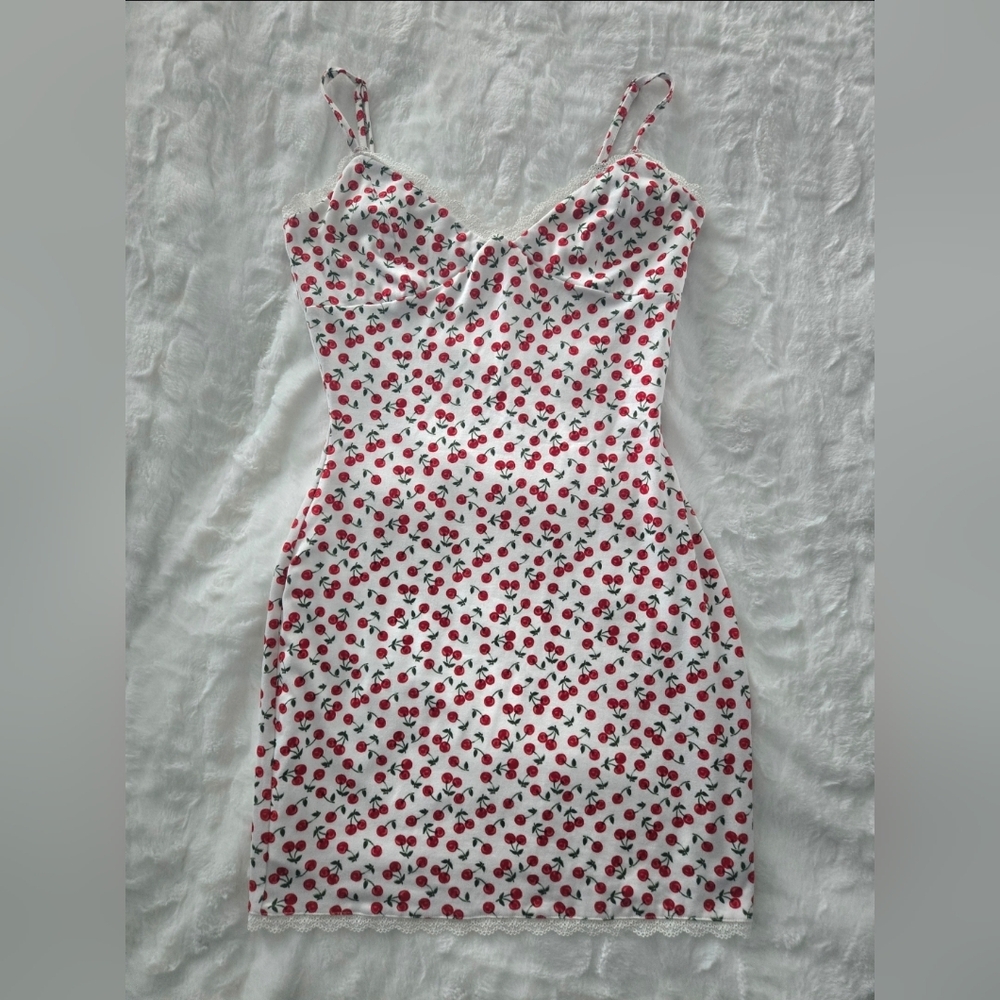 Cute Cherry Print White Slip Dress